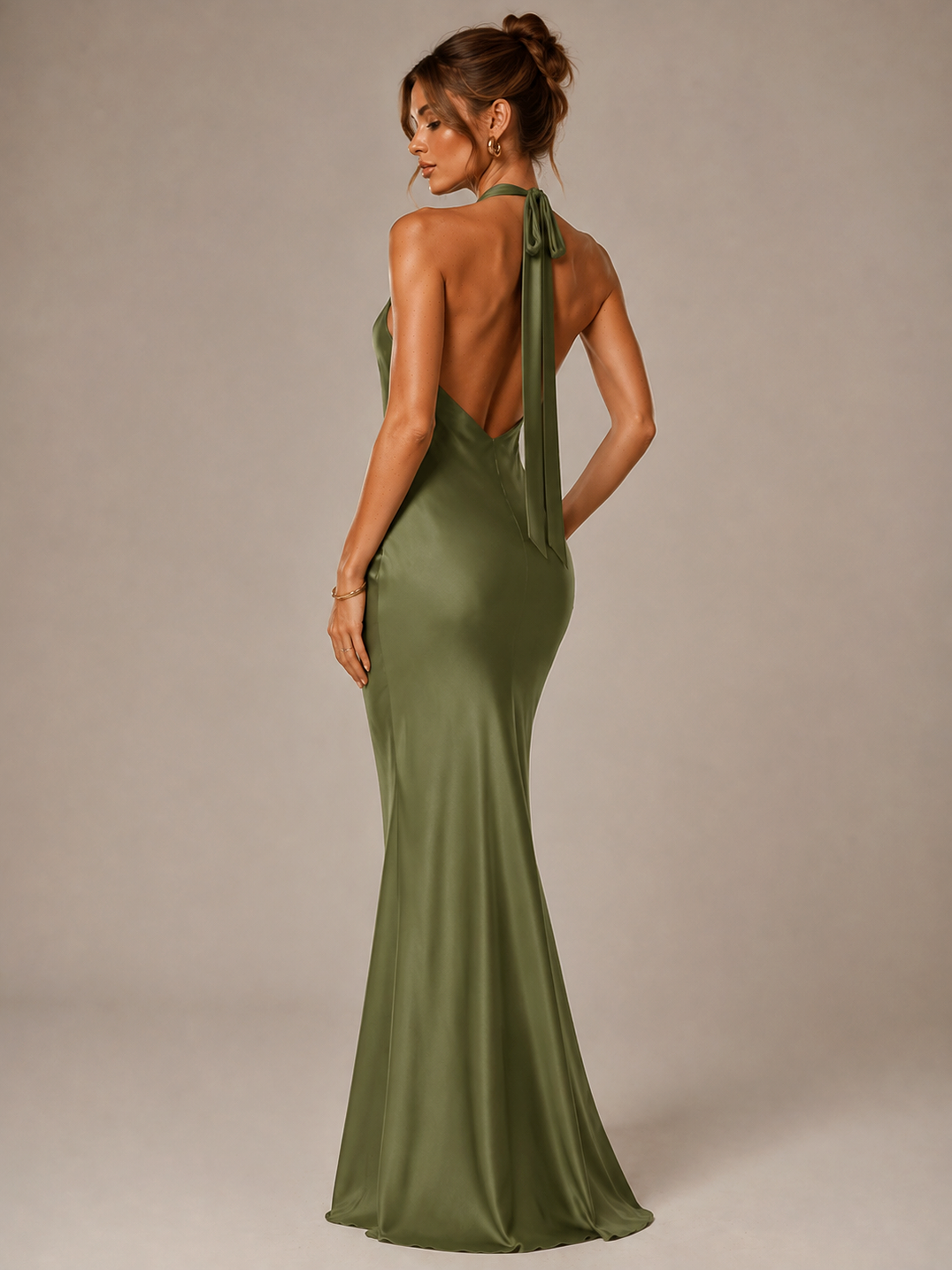 Olive Green Halter Satin Mermaid Maxi Dress