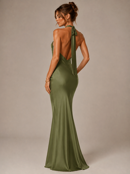 Olive Green Halter Satin Mermaid Maxi Dress