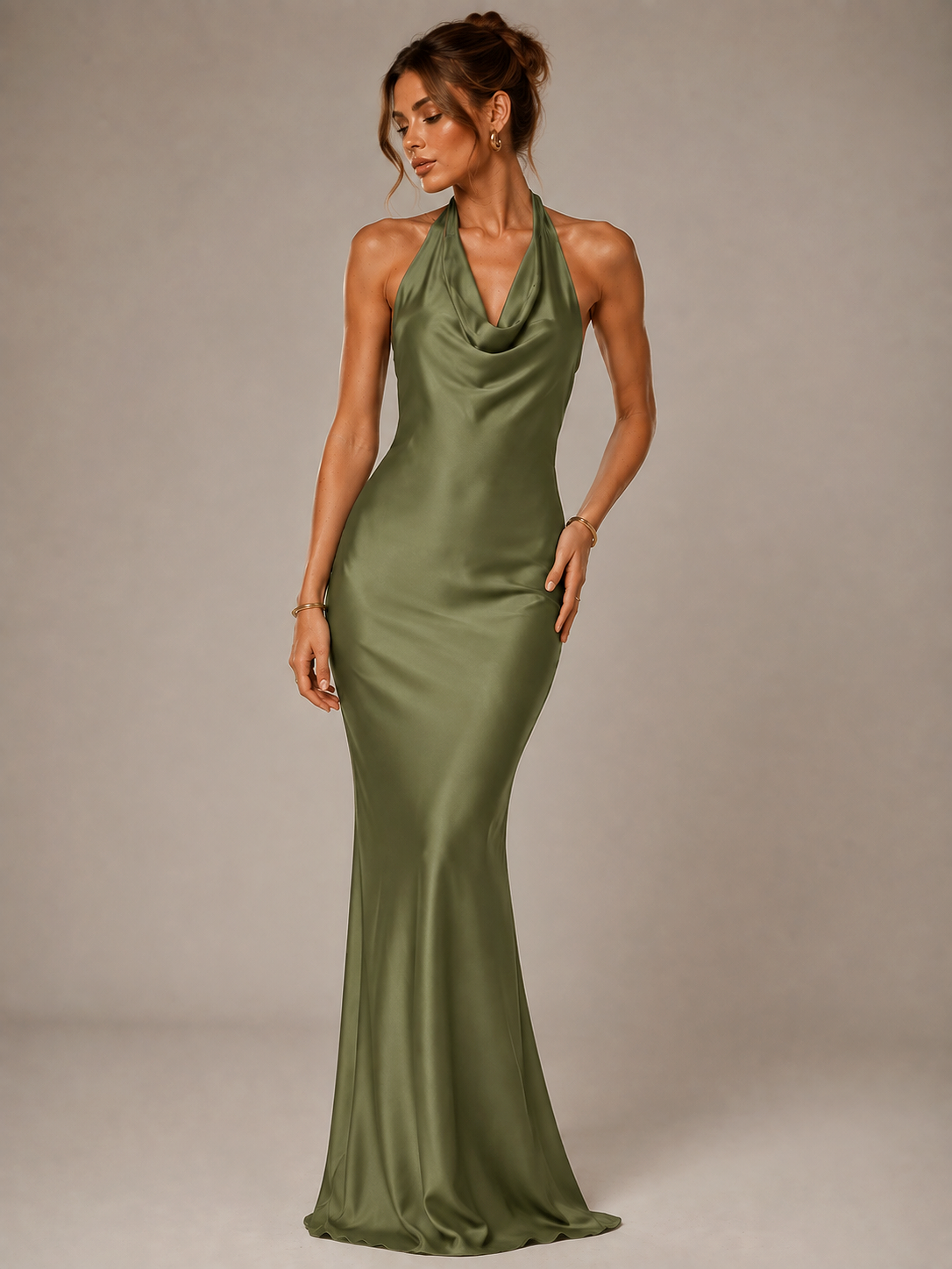 Olive Green Halter Satin Mermaid Maxi Dress
