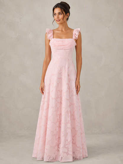 Pink Jacquard Square Neck A-Line Maxi Dress