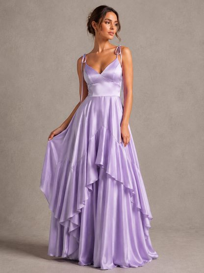 Lavender Satin V-Neck Ruffle Maxi Dress
