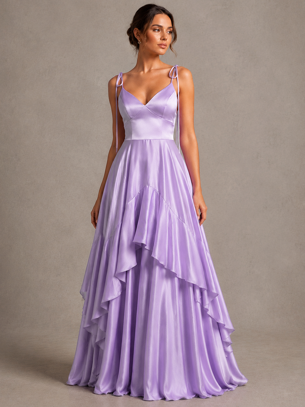 Lavender Satin V-Neck Ruffle Maxi Dress