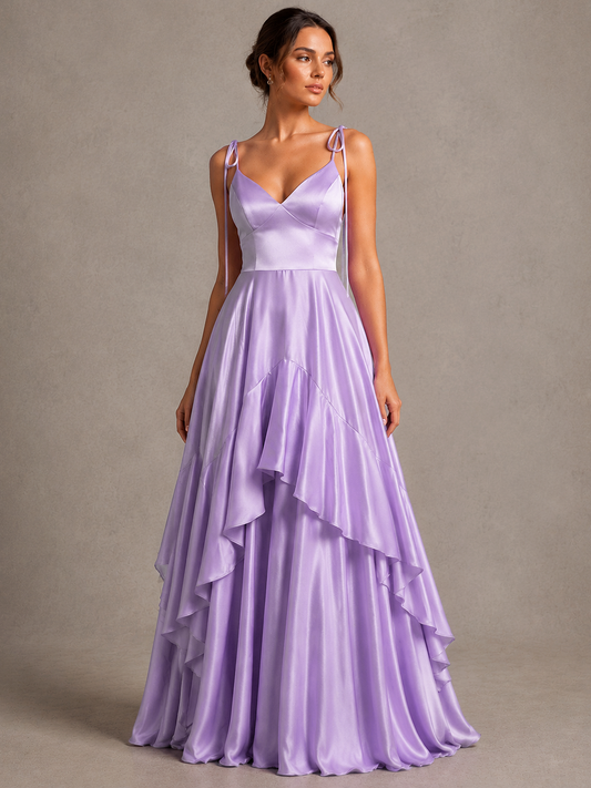 Lavender Satin V-Neck Ruffle Maxi Dress