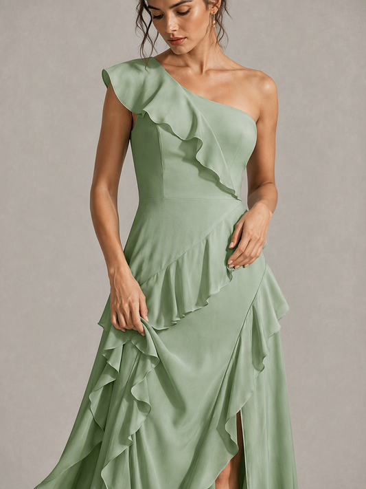 Sage Green One Shoulder Ruffle Bridesmaid Dress