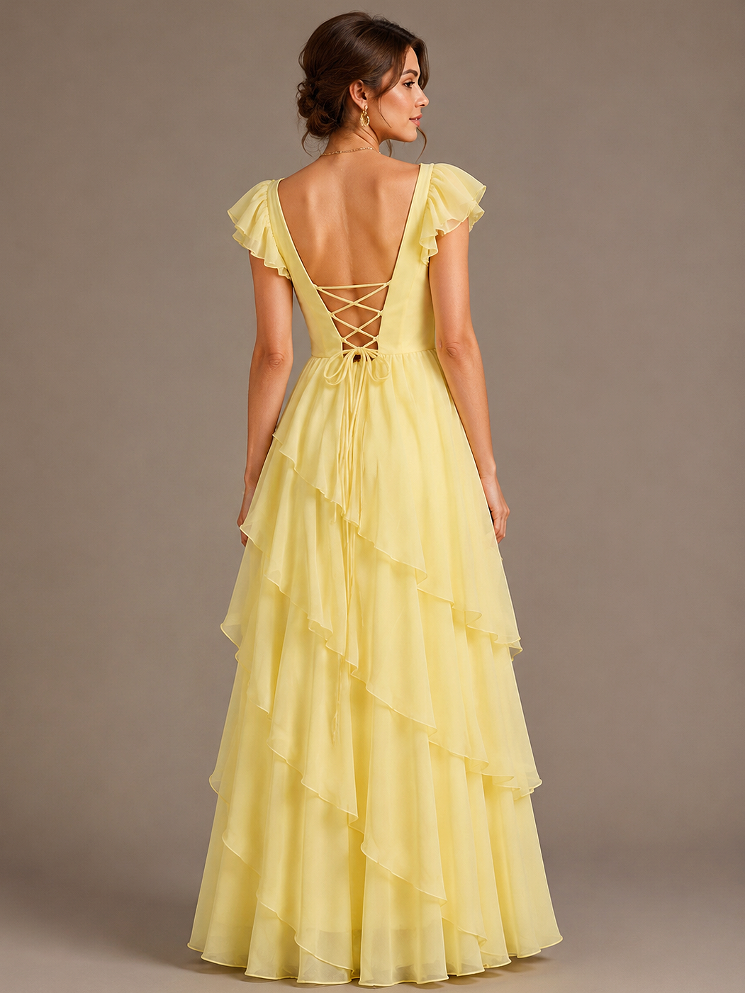 Yellow Ruffle Tiered V Neck Maxi Dress