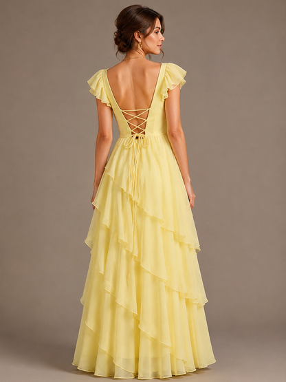 Yellow Ruffle Tiered V Neck Maxi Dress