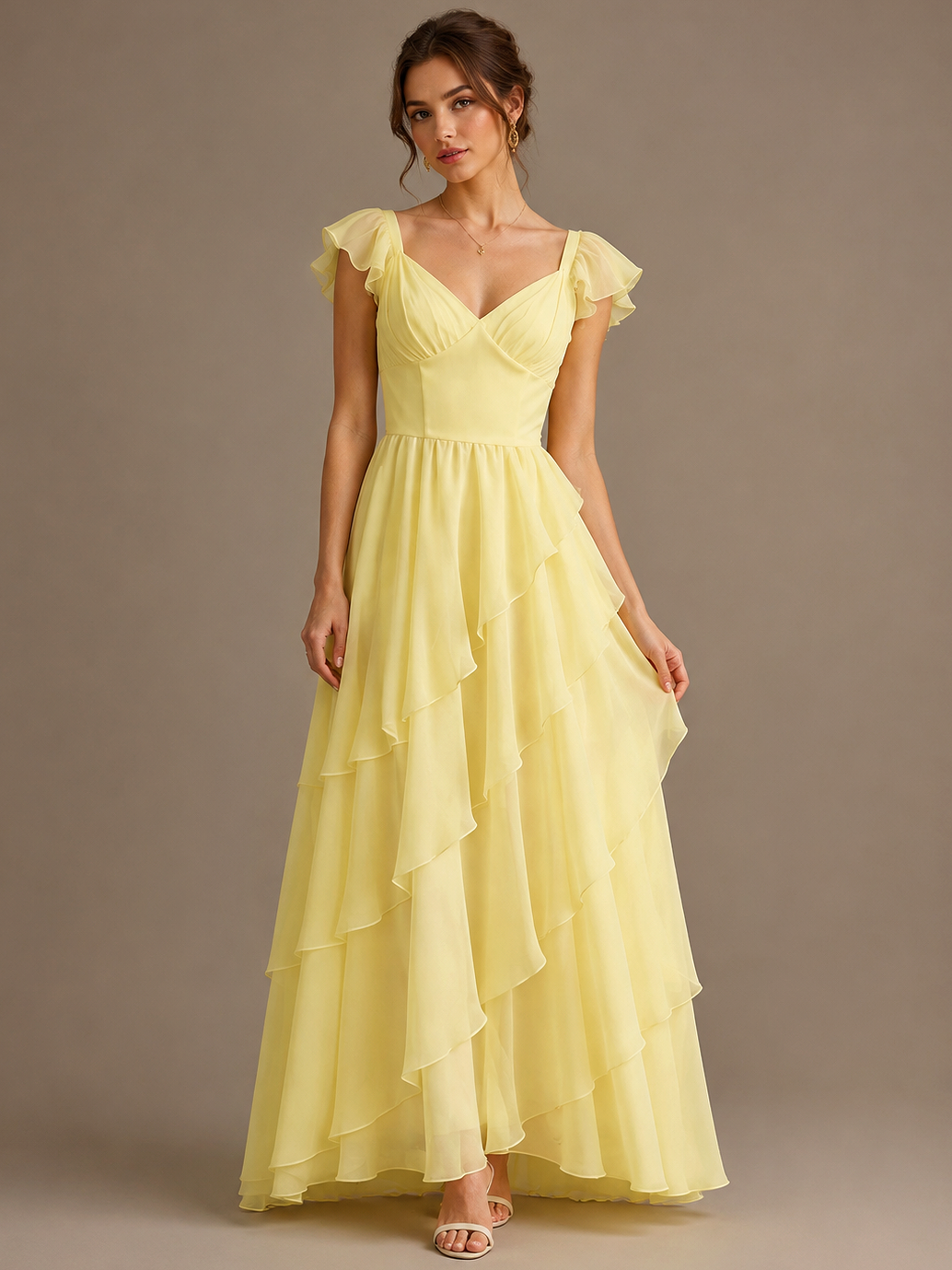 Yellow Ruffle Tiered V Neck Maxi Dress