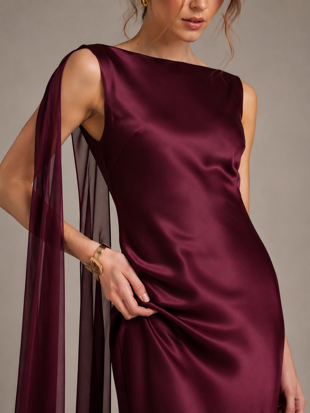 Burgundy Satin Mermaid Cape Maxi Dress
