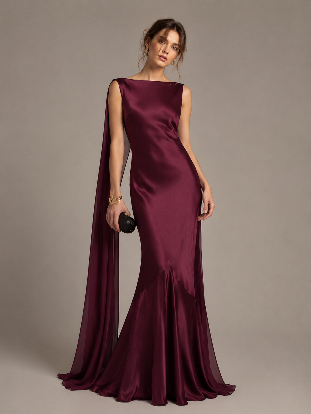 Burgundy Satin Mermaid Cape Maxi Dress