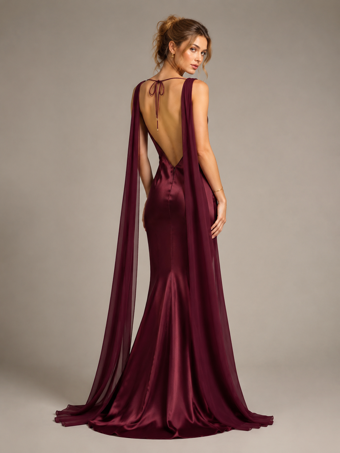 Burgundy Satin Mermaid Cape Maxi Dress