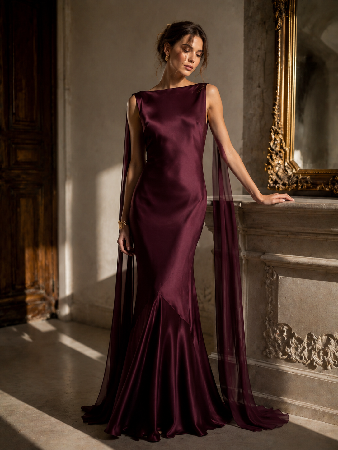 Burgundy Satin Mermaid Cape Maxi Dress