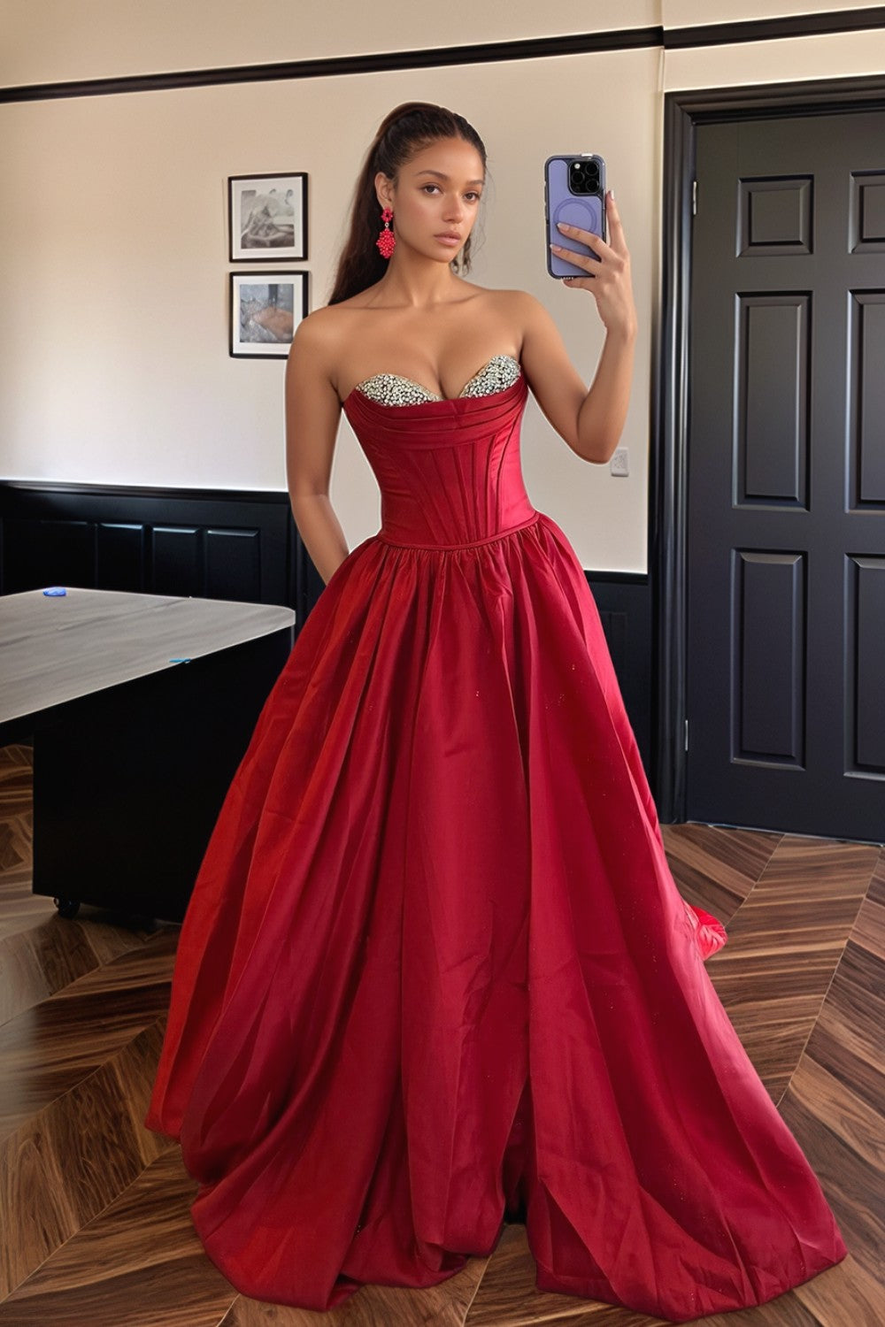 Red A-line Strapless Long Prom Dress