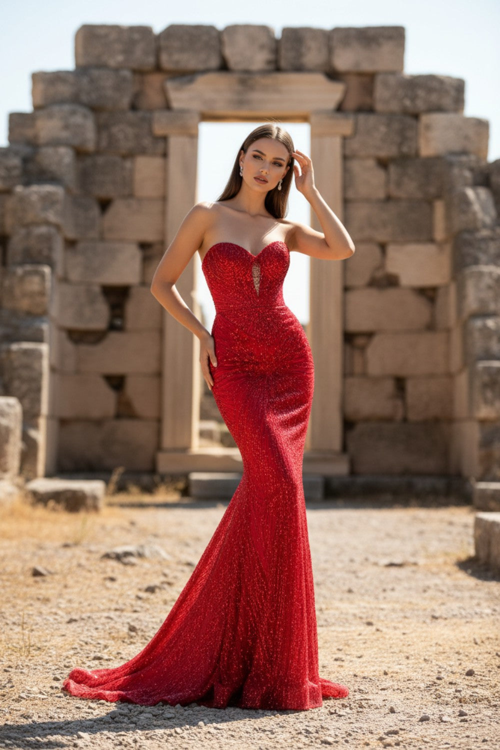 Mermaid Red Beaded Long Prom Dress