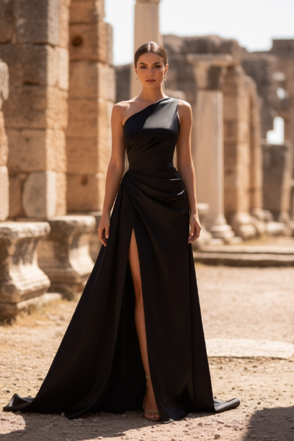 Sexy Black Satin One-Shoulder Long Prom Dress With Slit