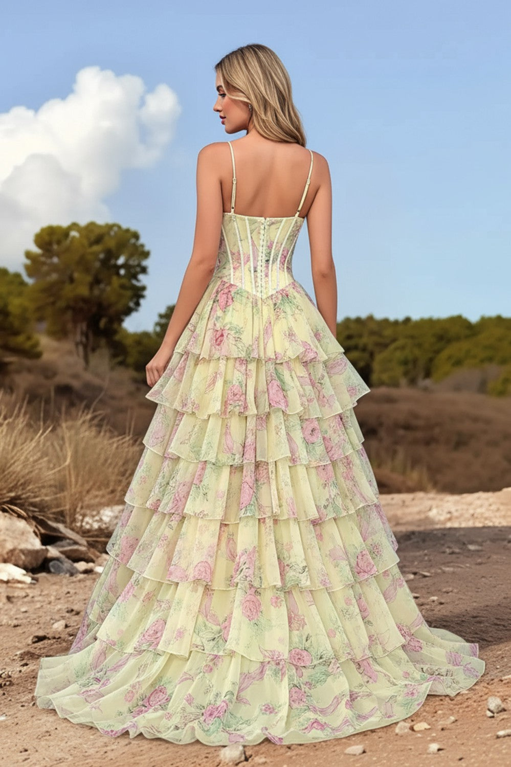 A line Spaghetti Straps Floral Printed Long Prom Dress