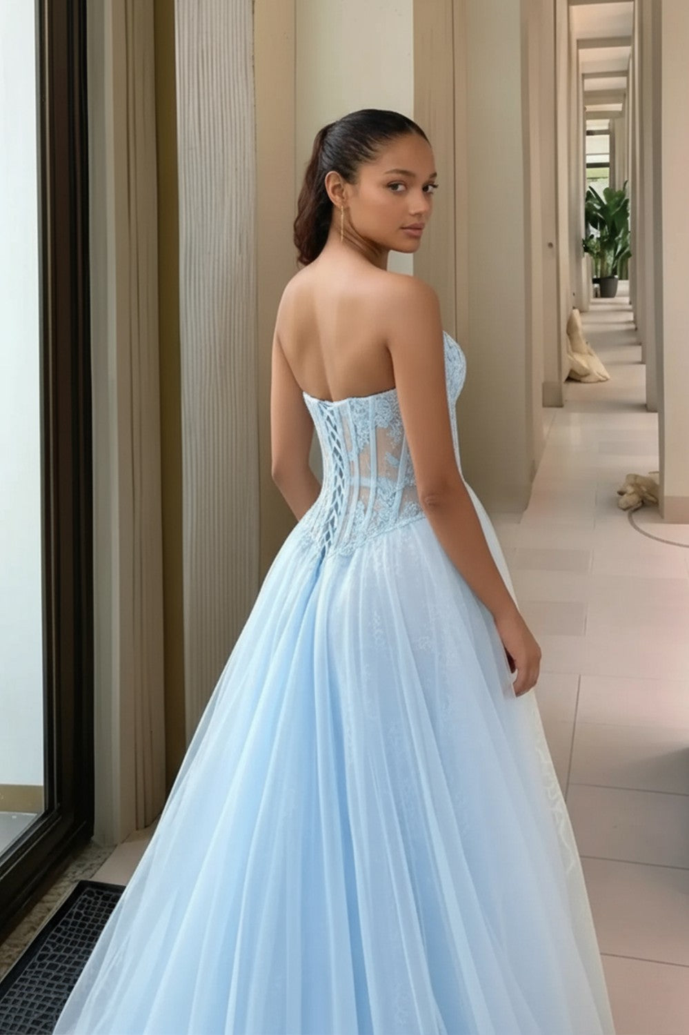 A line Sweetheart Light Blue Prom Dress