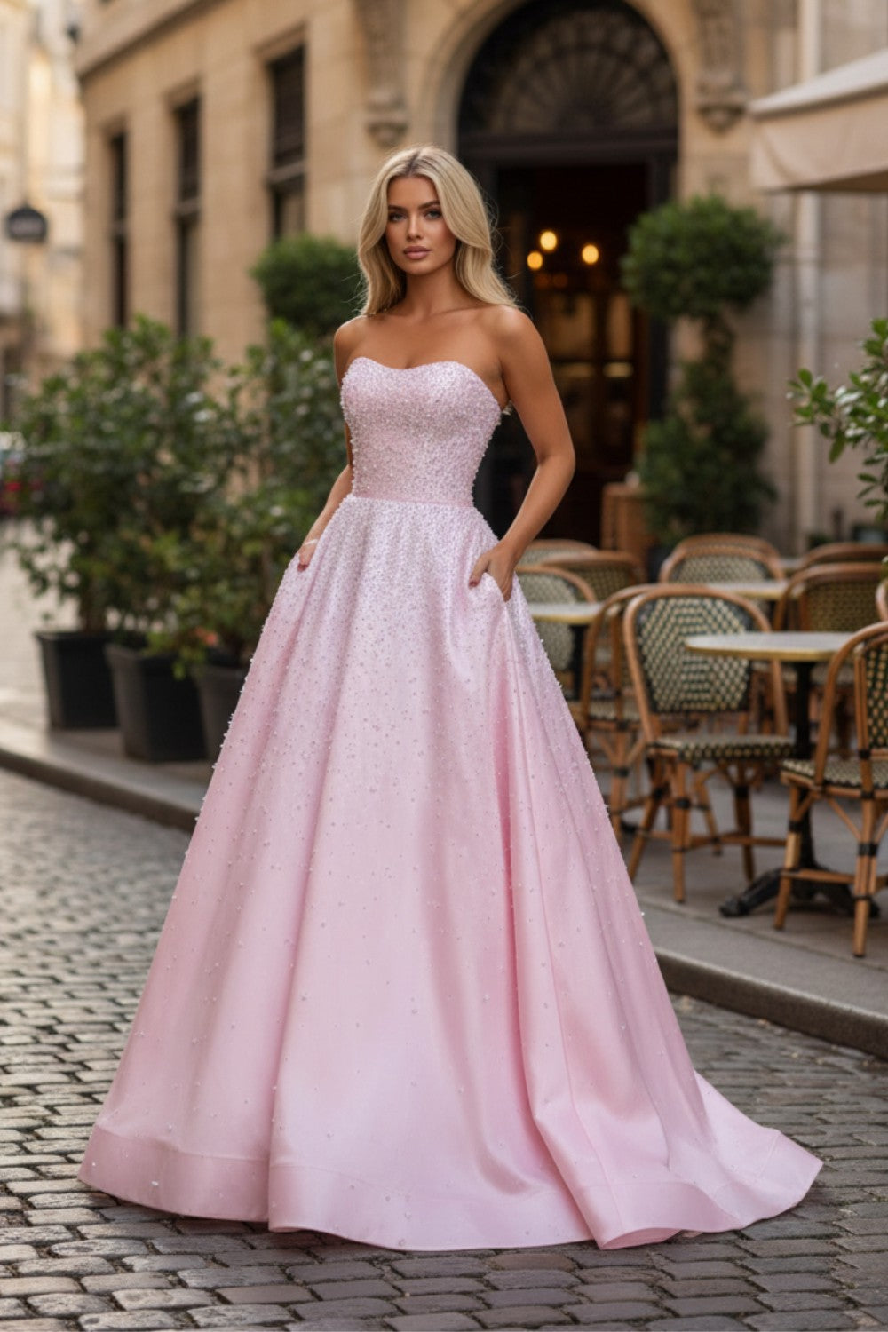 A-Line Pink Beaded Long Prom Dress