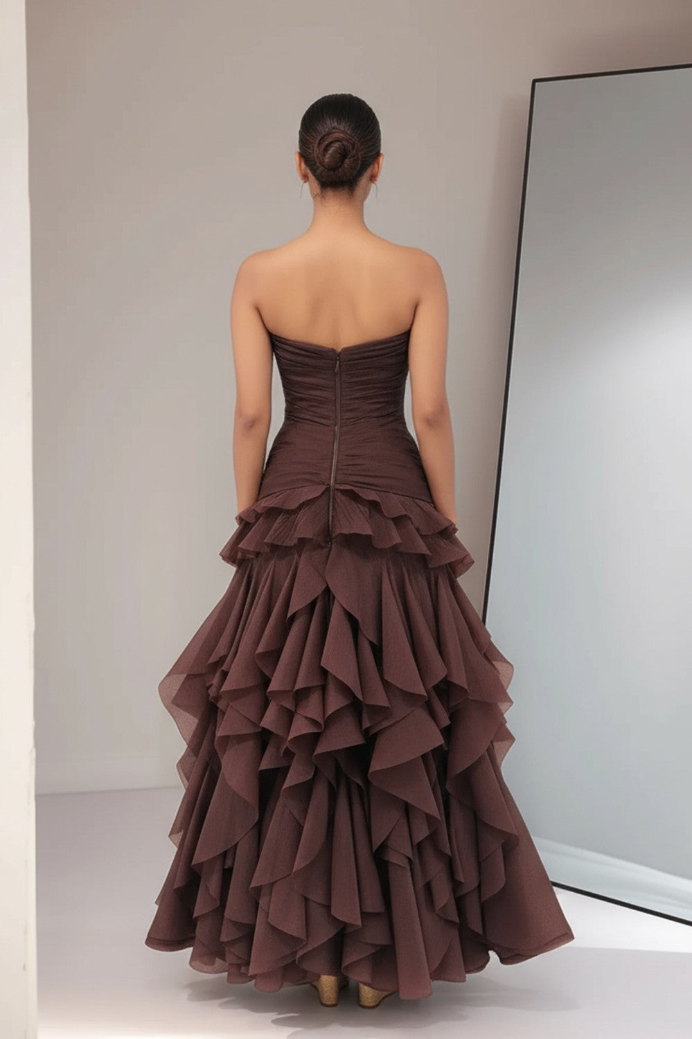 V Neck Tiered Strapless Long Prom Dress