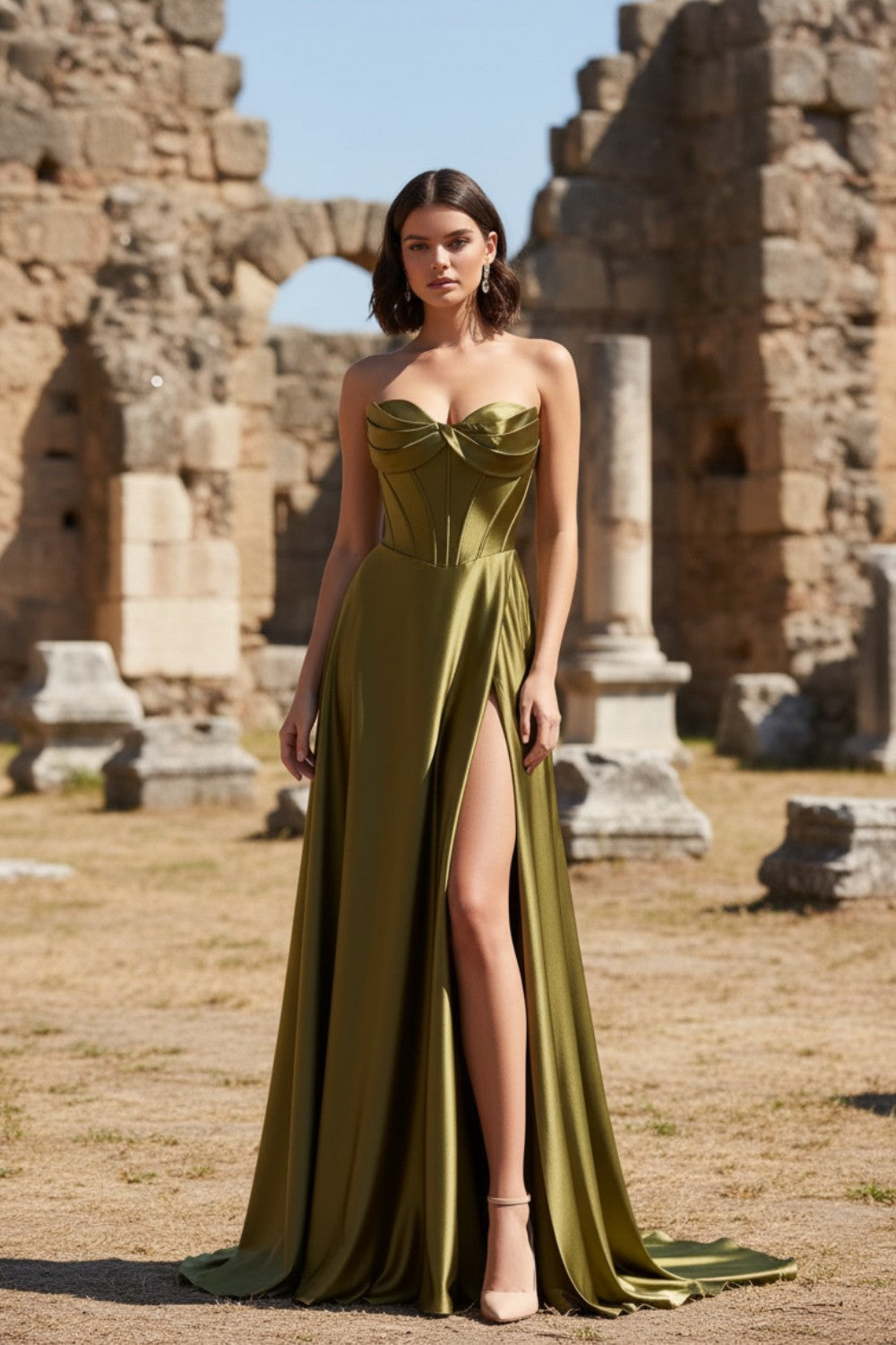 A-Line Strapless Satin Slit Prom Dress