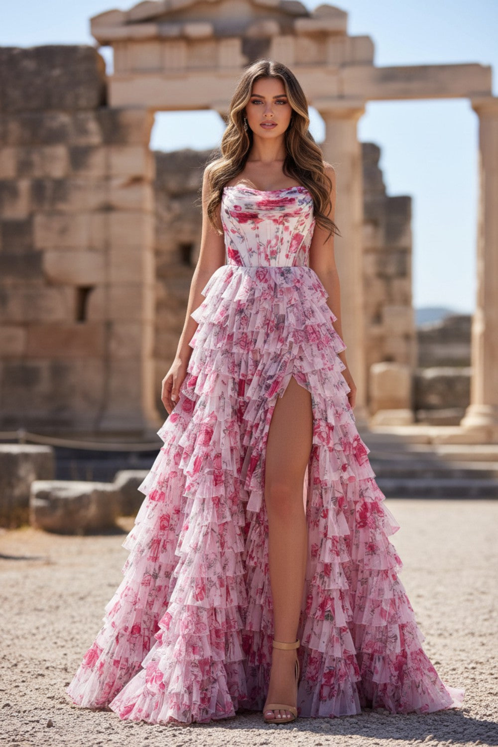 Pink Floral Prom Dress with Ruffle Skirt