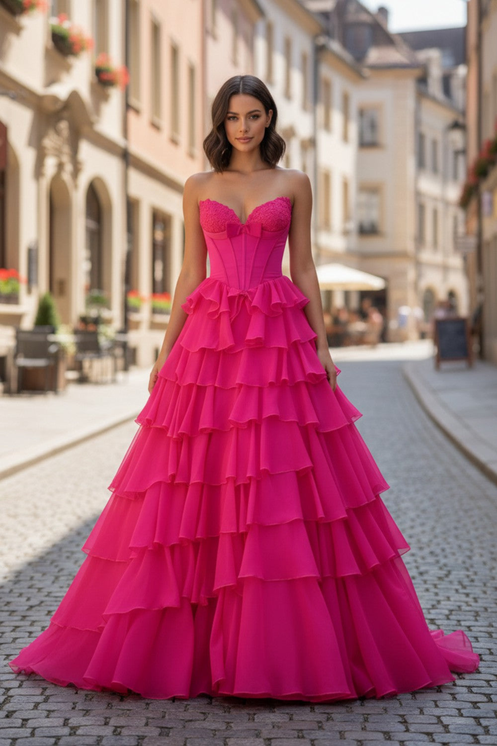 Hot Pink A-line Tiered Strapless Long Prom Dress