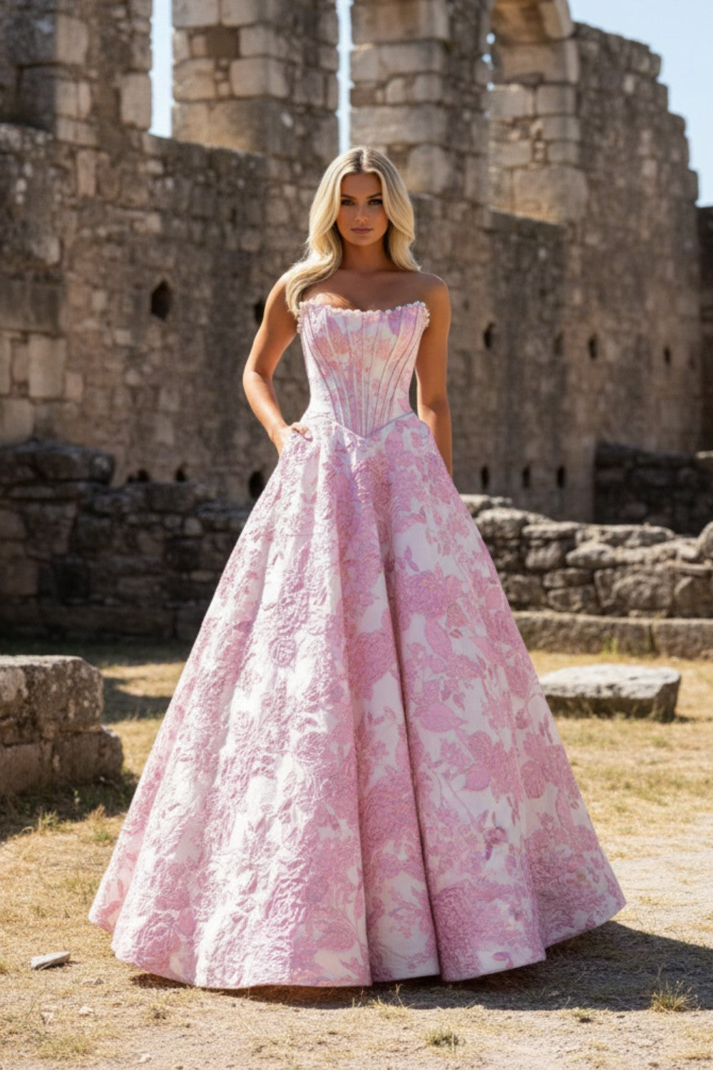 Strapless Beaded Floral Long Prom Dress