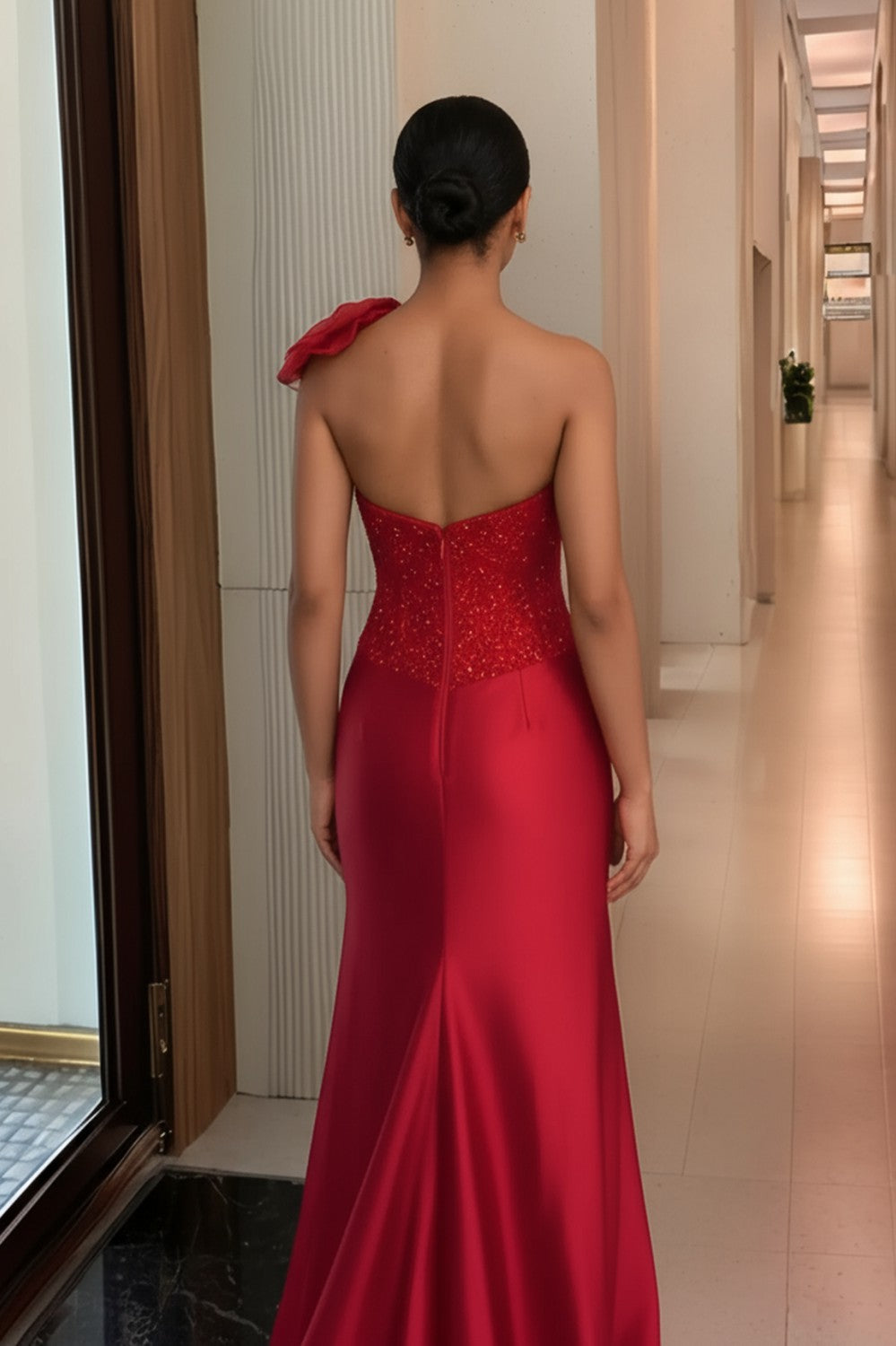 Mermaid Red One Shoulder Long Prom Dress