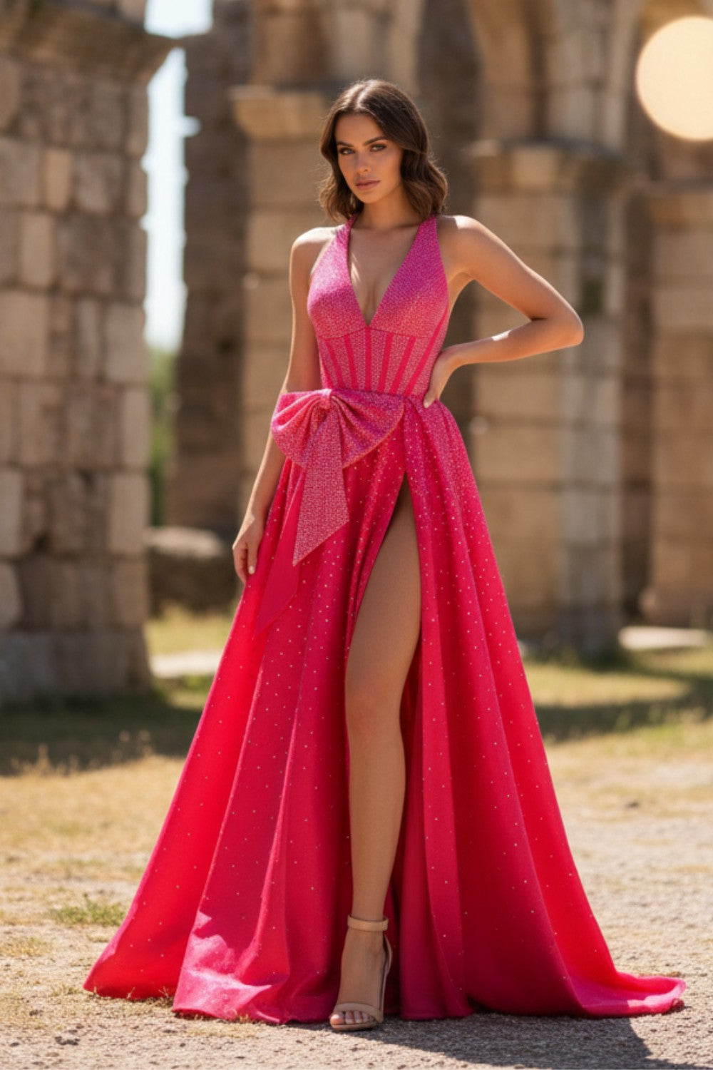 Glitter Beaded A-line Hot Pink Long Prom Dress With High Slit