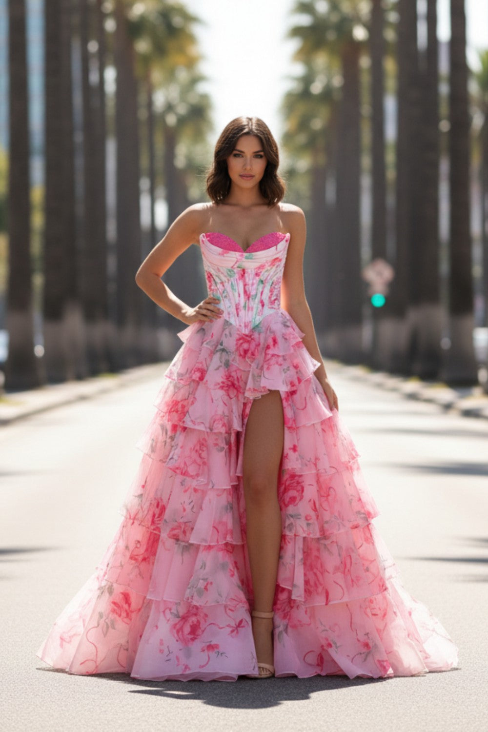 Strapless Sweetheart Floral Long Prom Dress