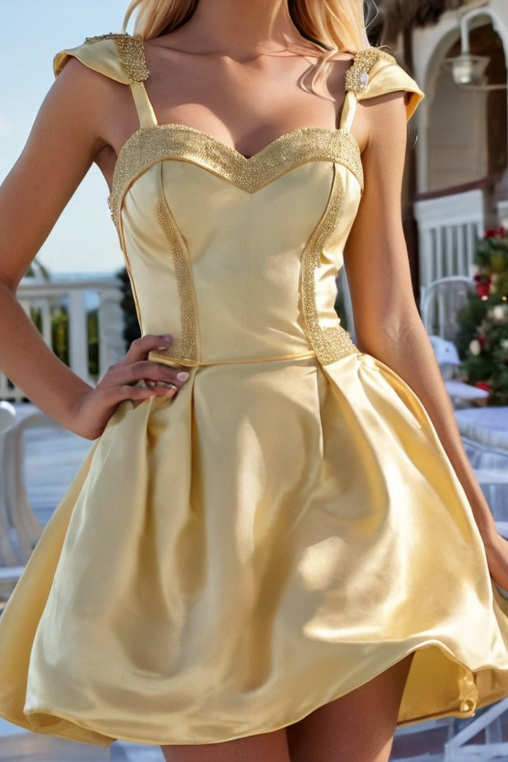 Yellow Satin Homecoming Dress With Beads