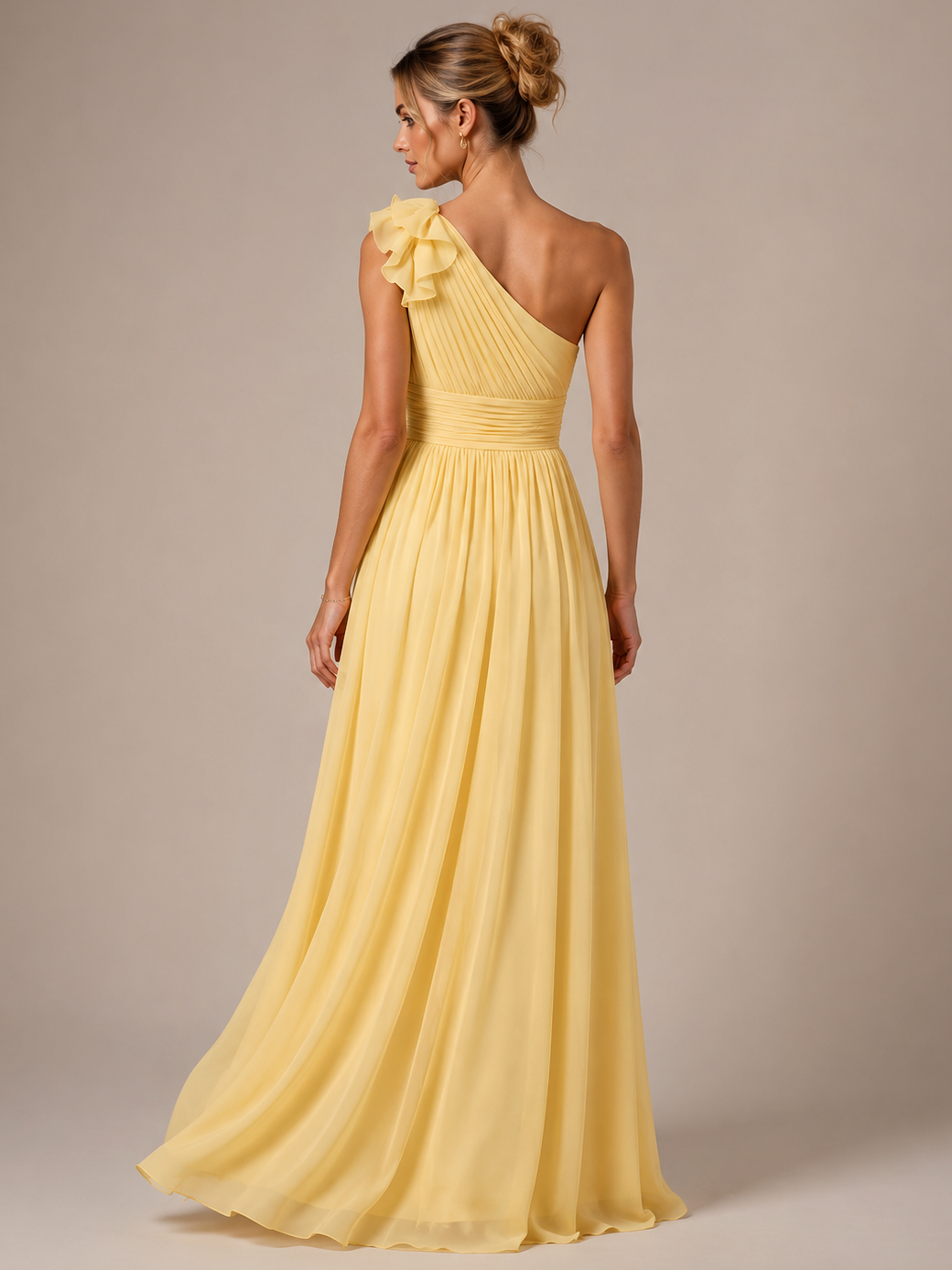 Yellow One Shoulder Chiffon Maxi Dress with Ruffles