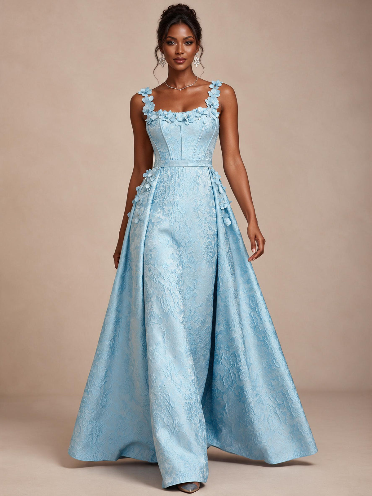 Light Blue 3D Floral Jacquard Prom Dress with Detachable Overskirt Corset Gown