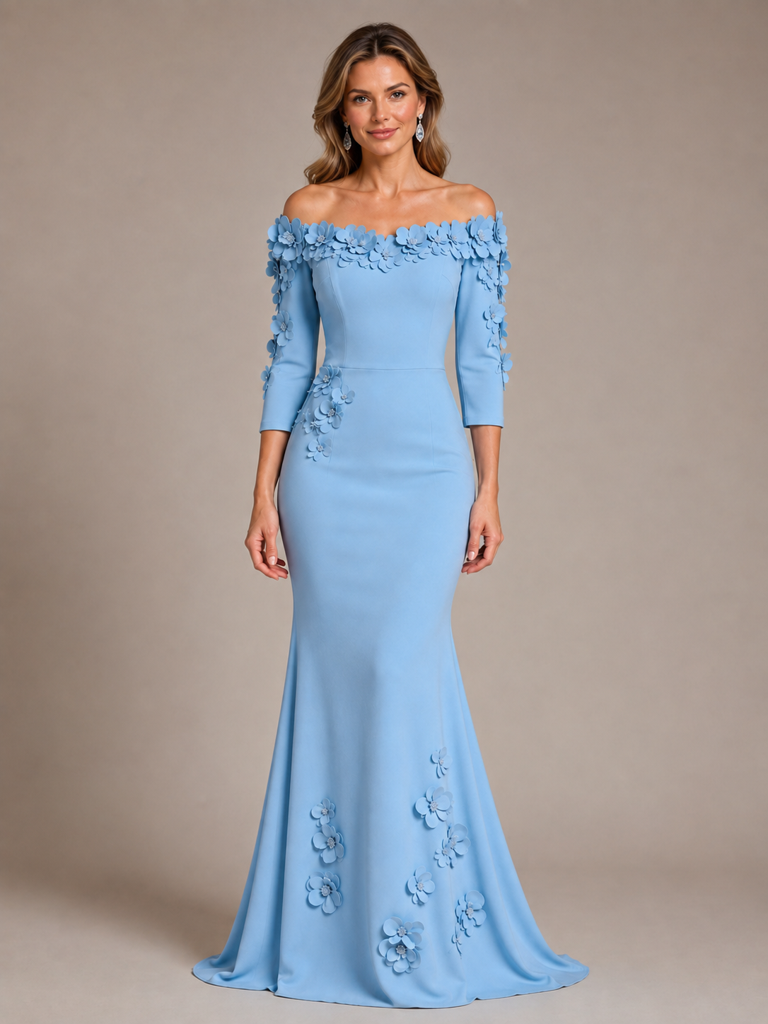 3D floral applique detail on light blue mother of the bride dress