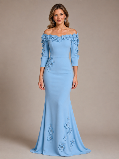 3D floral applique detail on light blue mother of the bride dress