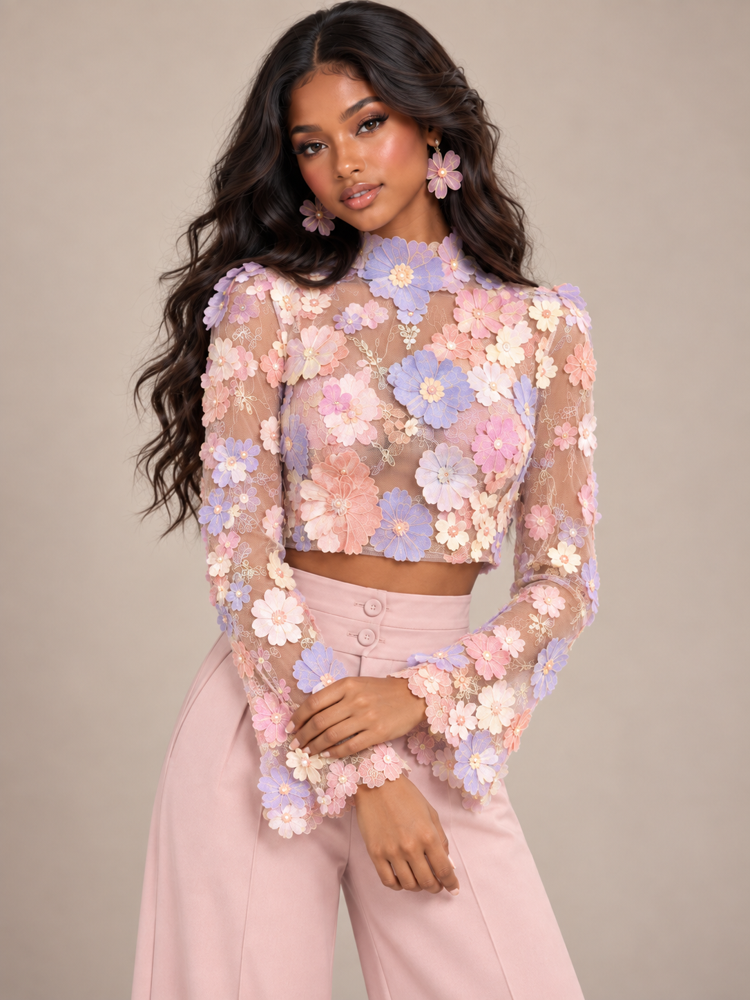 3D Floral Applique Crop Top & Wide Leg Pants Two Piece Set