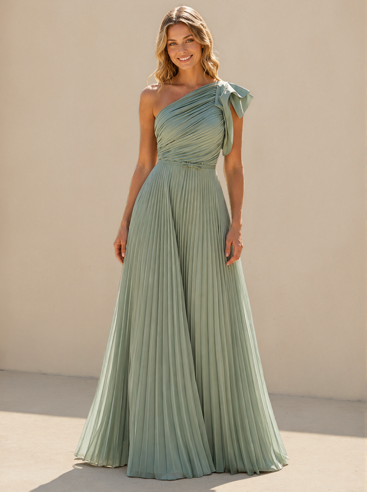 One Shoulder Pleated Chiffon A-Line Floor-Length Bridesmaid Dress