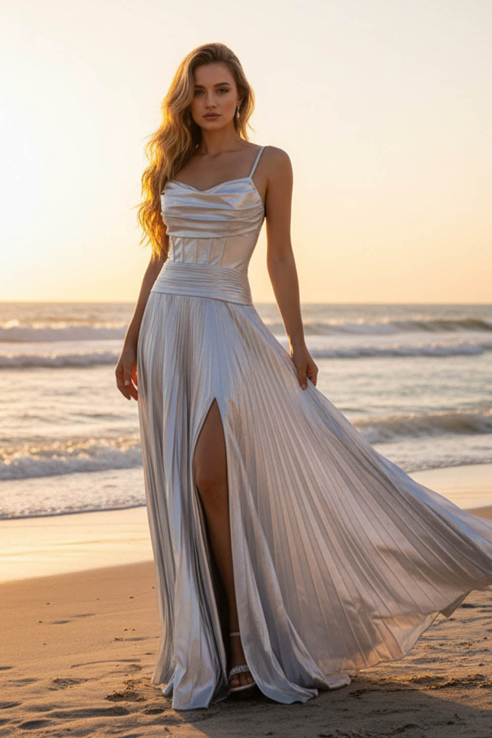 Silver Metallic Slit Prom Dress