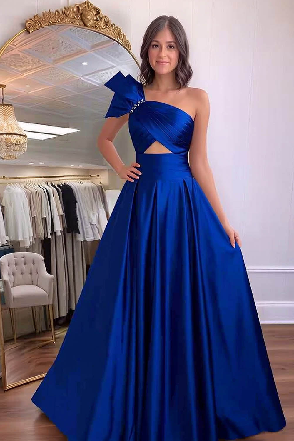 Satin Strapless Prom Dress with Cut-out