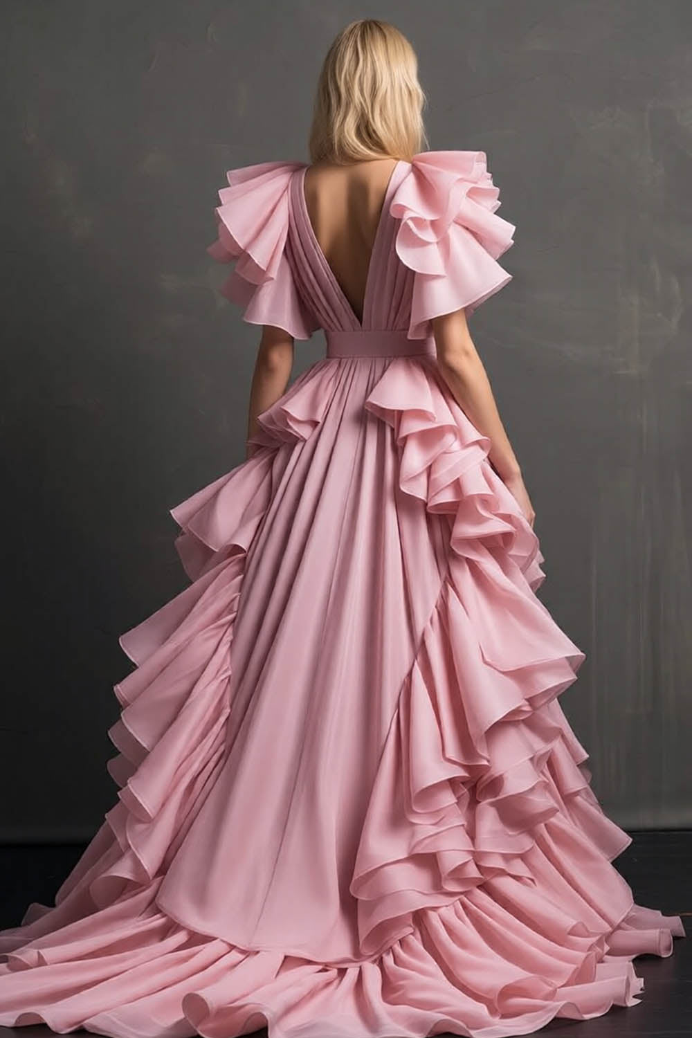 Pink Formal Gown with Ruffle Sleeves