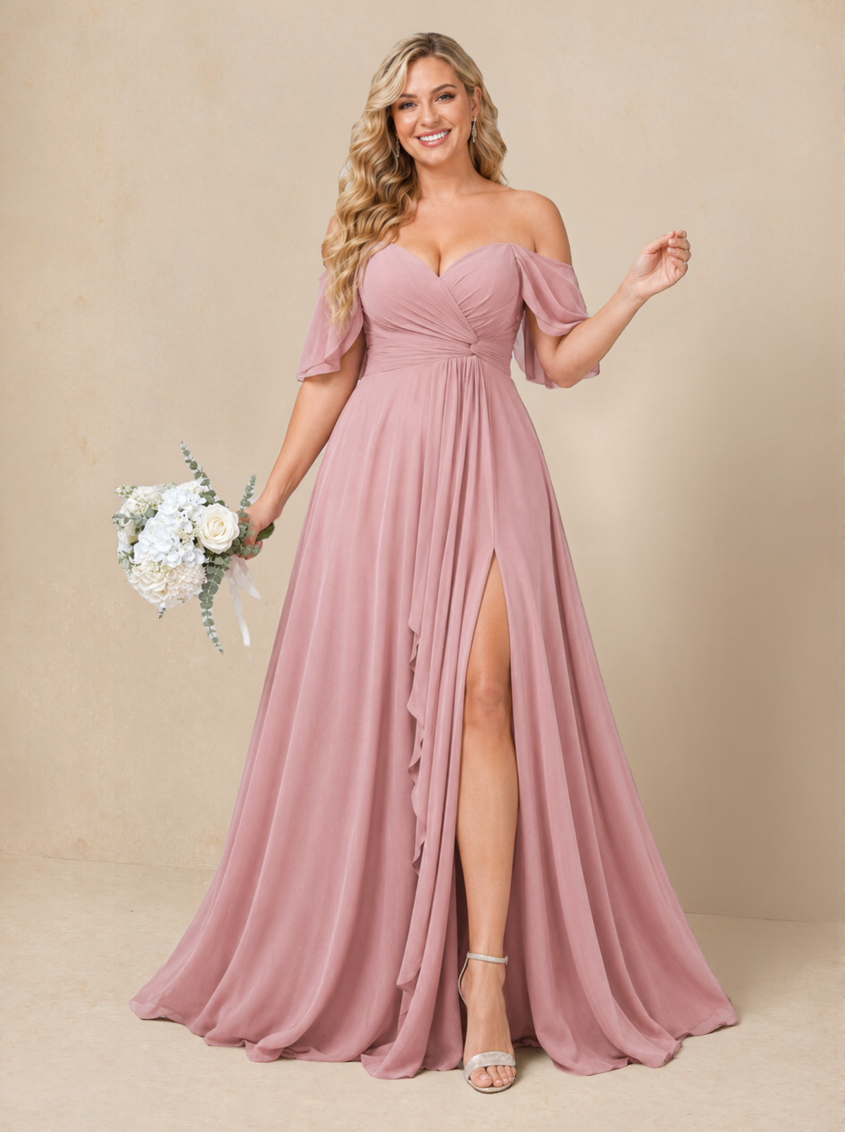 Off Shoulder Chiffon Bridesmaid Dress with Slit