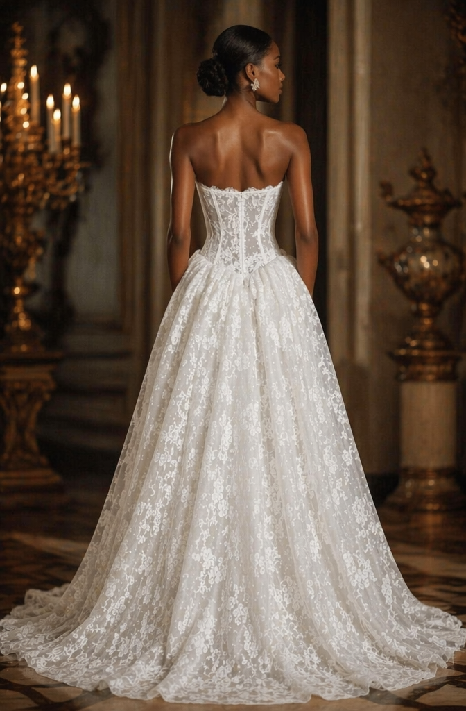 Strapless Floral Lace A-Line Wedding Dress - Back View