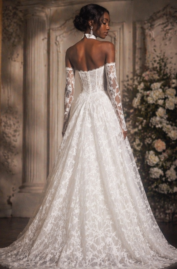 Off-Shoulder Lace A-Line Wedding Dress with Choker & Detachable Sleeves - Back View