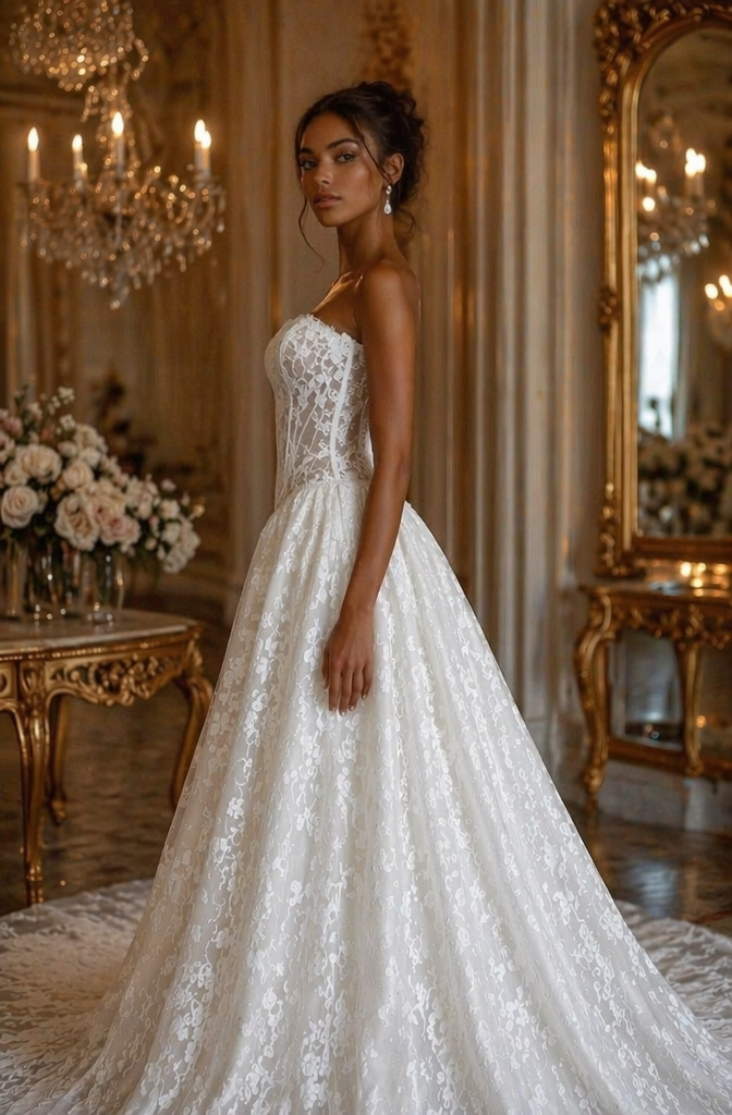 Strapless Sheer Lace Corset A-Line Wedding Dress - Side View