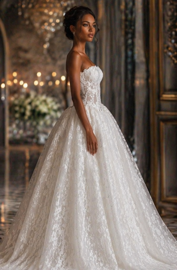 Strapless Lace Corset Ball Gown Wedding Dress - Side View