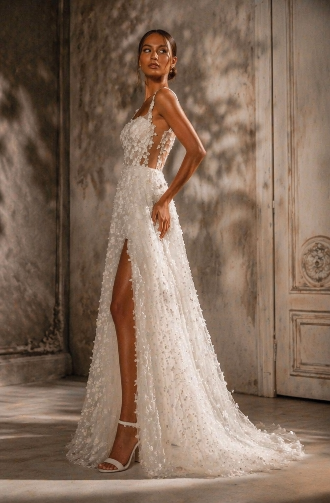 Square Neck 3D Floral Petal A-Line Wedding Dress with High Slit - Side View