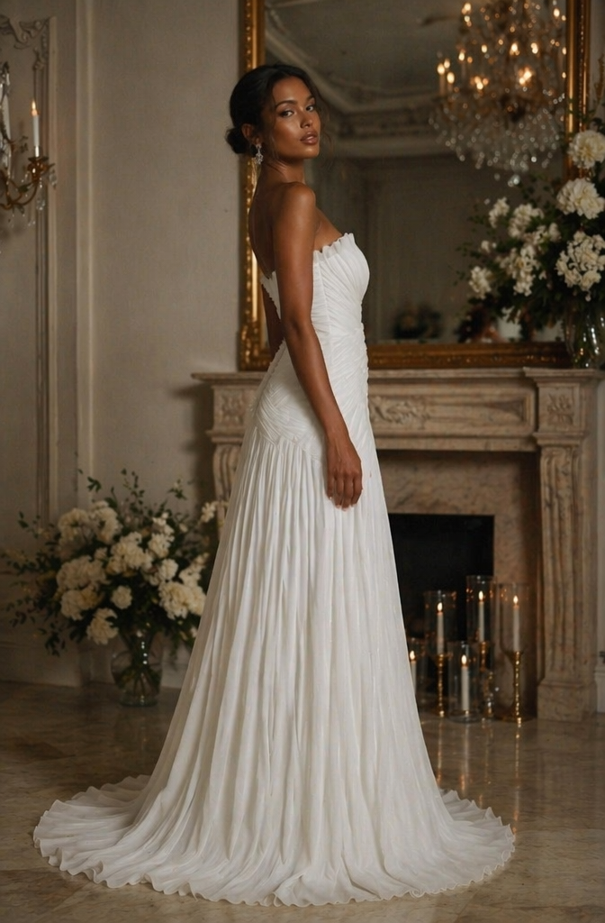 Strapless Pleated Chiffon A-Line Wedding Dress - Side View
