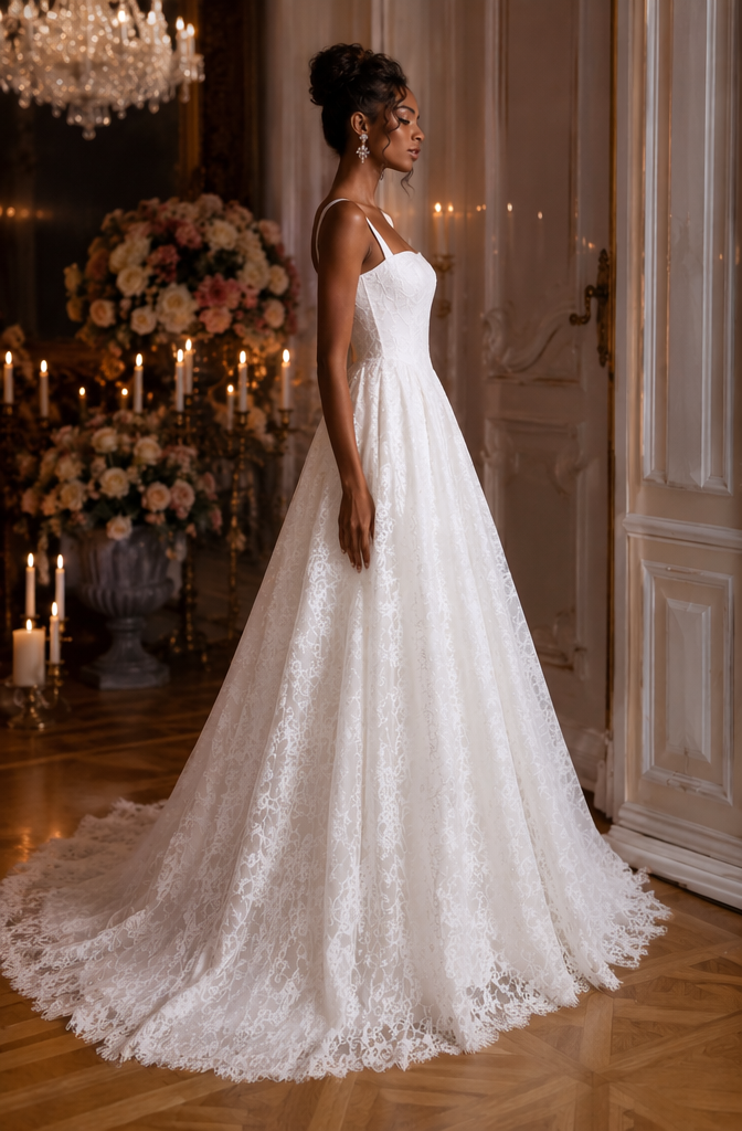Square Neck Spaghetti Strap Lace A-Line Ball Gown Wedding Dress - Side View