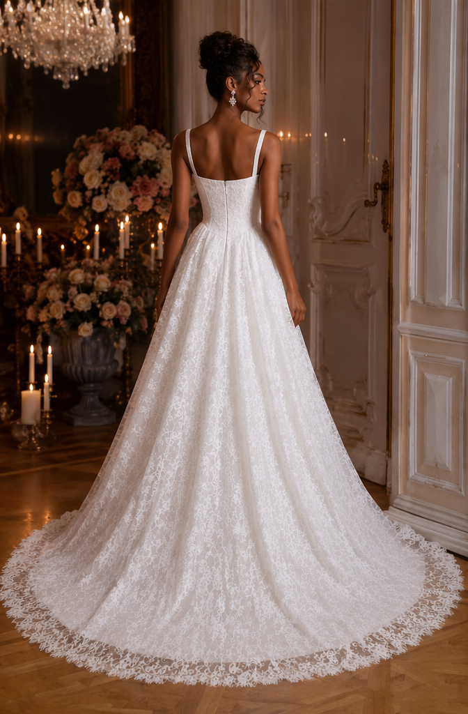 Square Neck Spaghetti Strap Lace A-Line Ball Gown Wedding Dress - Back View