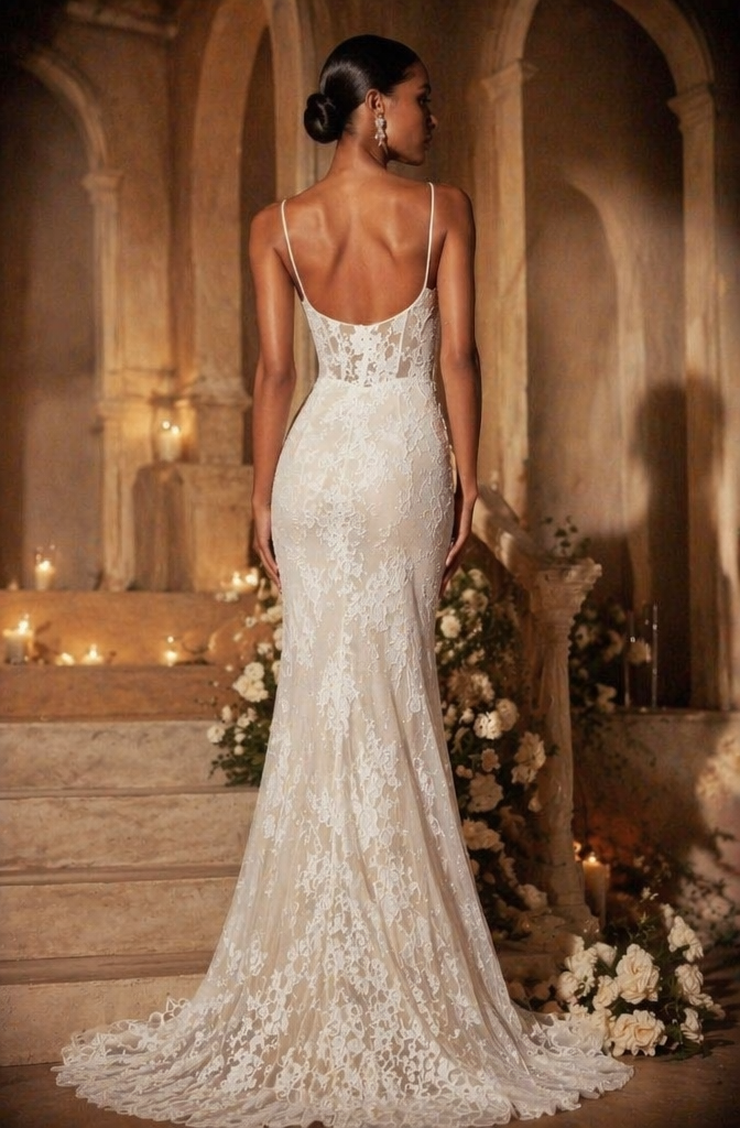 Spaghetti Strap All-Over Lace Mermaid Wedding Dress - Back View