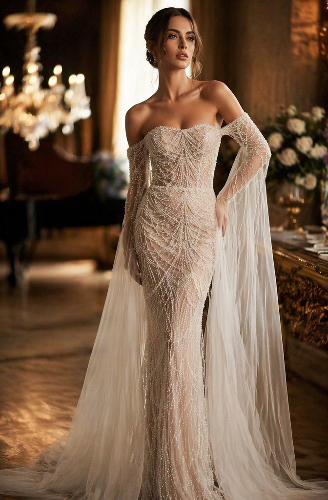 Ivory Pearl Beaded Off-Shoulder Mermaid Wedding Dress with Cape Sleeves | Bridal Dress